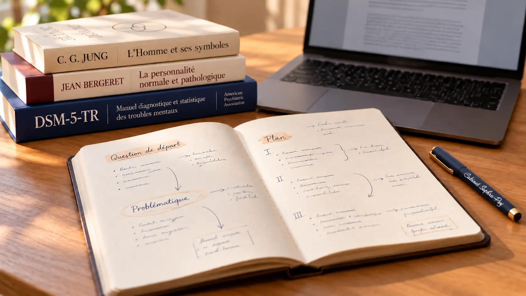 Carnet ouvert sur un plan de mémoire, près d’un ordinateur et d’ouvrages de psychologie.